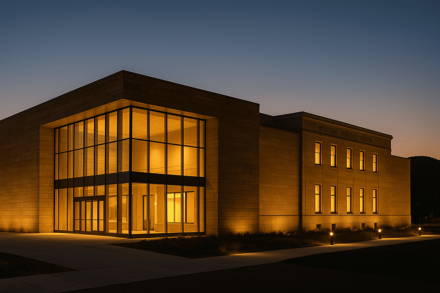 AI-generated accurate depiction of the completed Montana Heritage Center in Helena, Montana, with warm interior lighting glowing through glass walls and sandstone exterior at dusk.