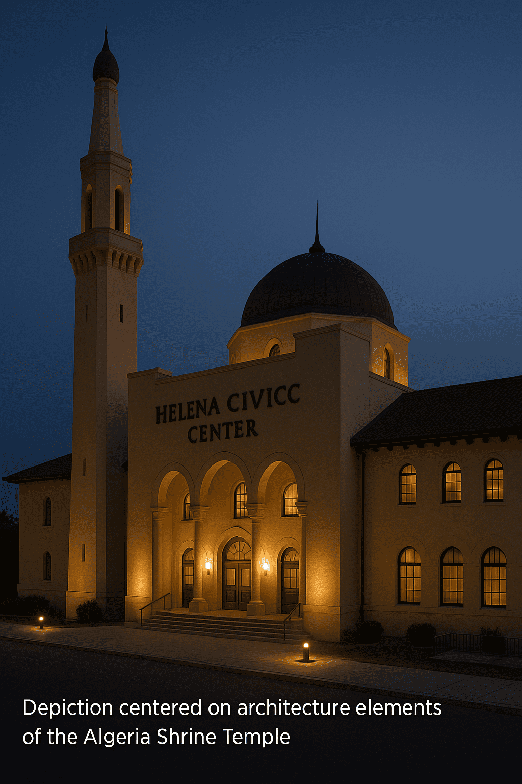AI-generated depiction of the Helena Civic Center in Helena, Montana, showing accurate architectural lighting with disclaimer text stating it is a depiction, not an actual photograph.