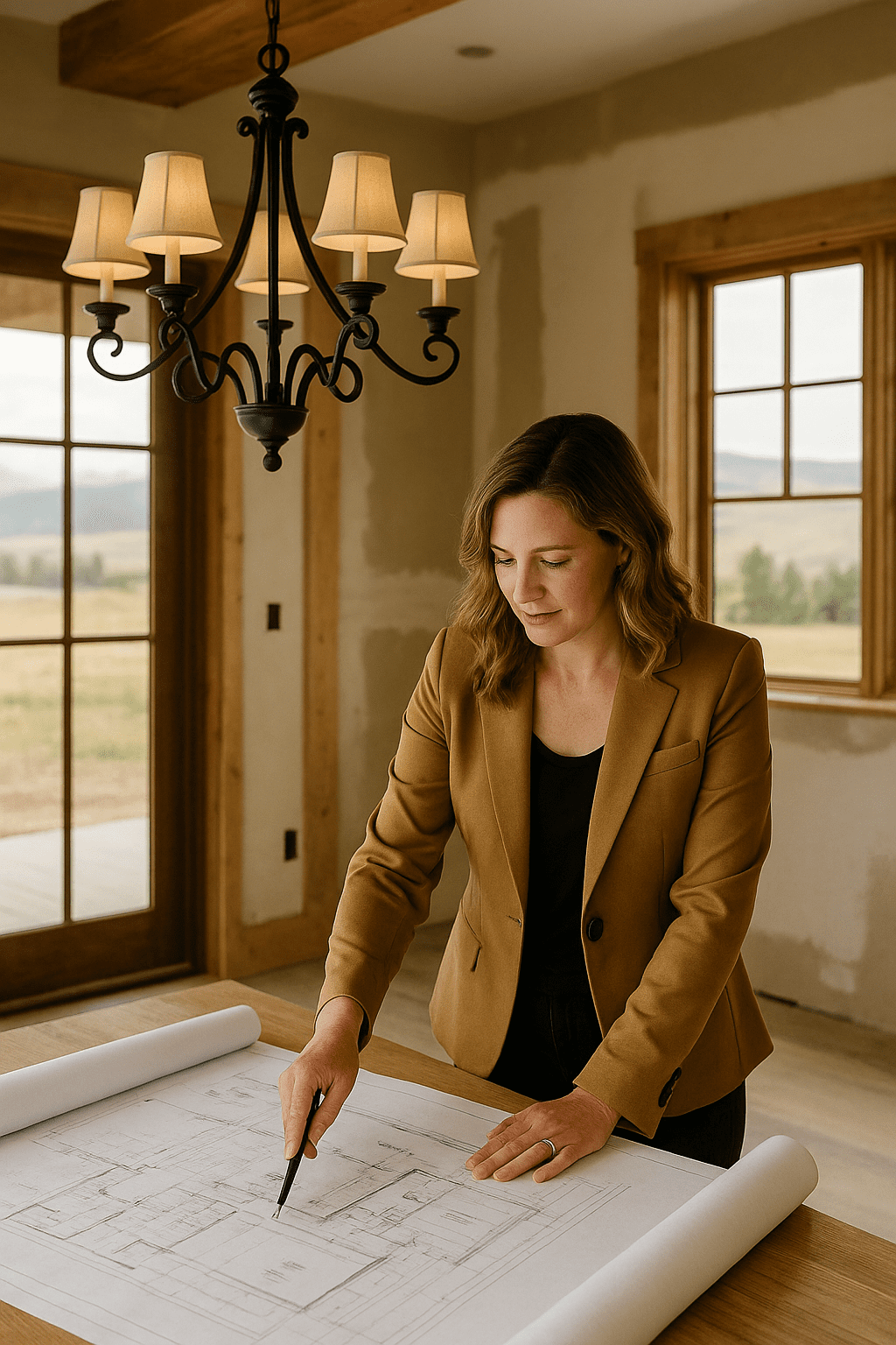 Lighting consultant reviewing on-site design plans for a Southwest Montana home remodel