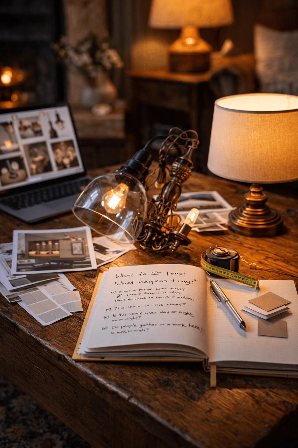 Workspace with light fixture options, notes, and measurements showing how to choose the right light fixture for a home.