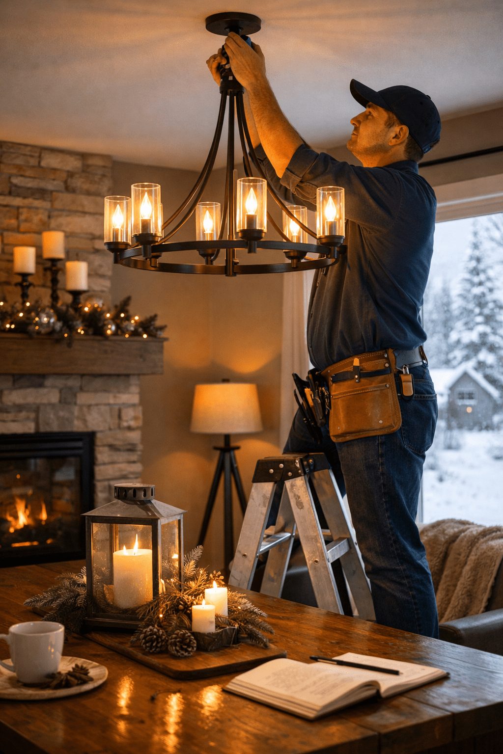 Montana dining-kitchen remodel during electrical rough-in with copper wiring, ceiling junction boxes, temporary work lights, natural stone floor, and an antique-copper chandelier over the dining table showing layered LED lighting design for 2026 homes.