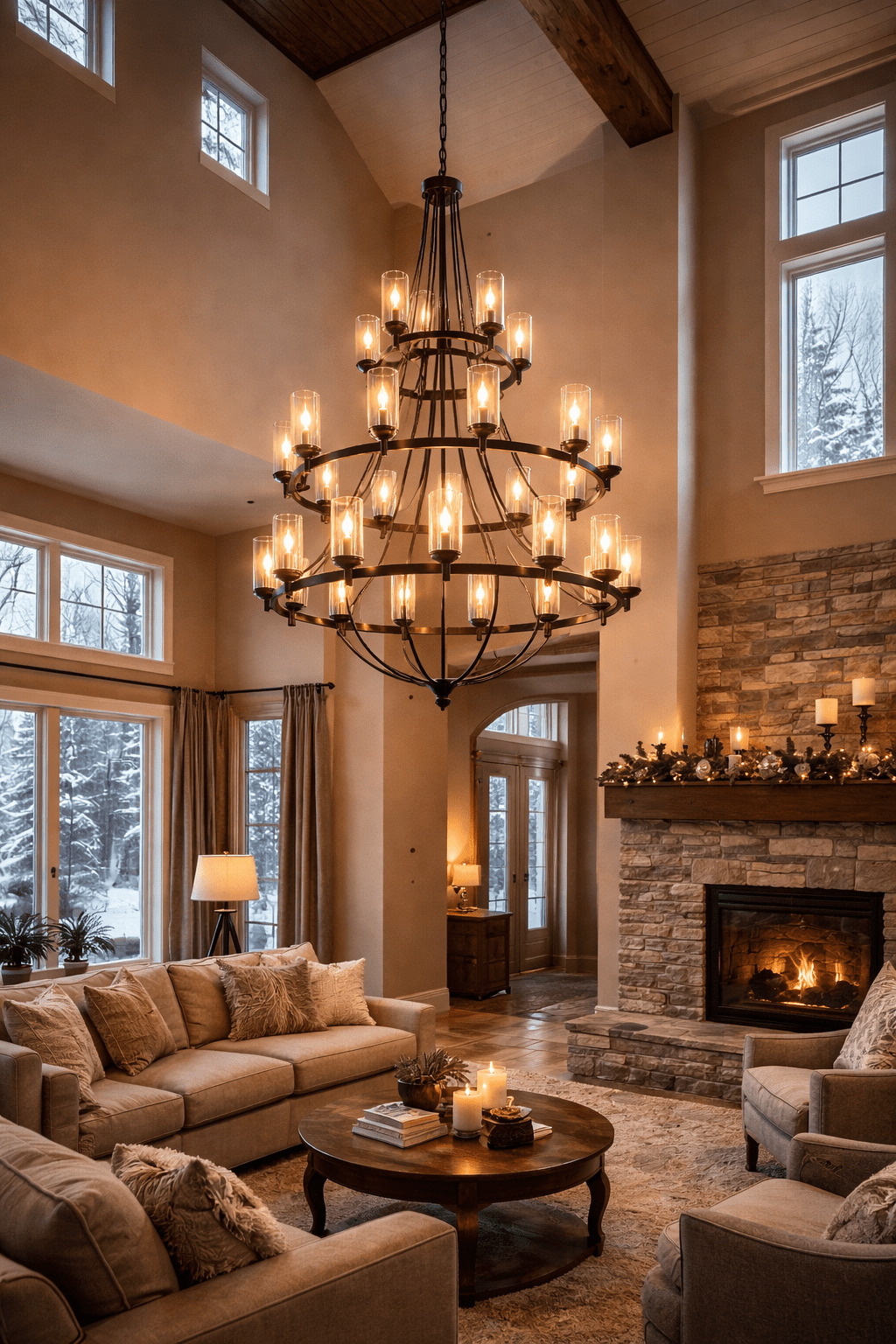 Oversized 45-light matte black two-story chandelier hanging in a Montana great room remodel with stone fireplace and layered evening lighting, showing intentional large-fixture scale for 2026 homes.