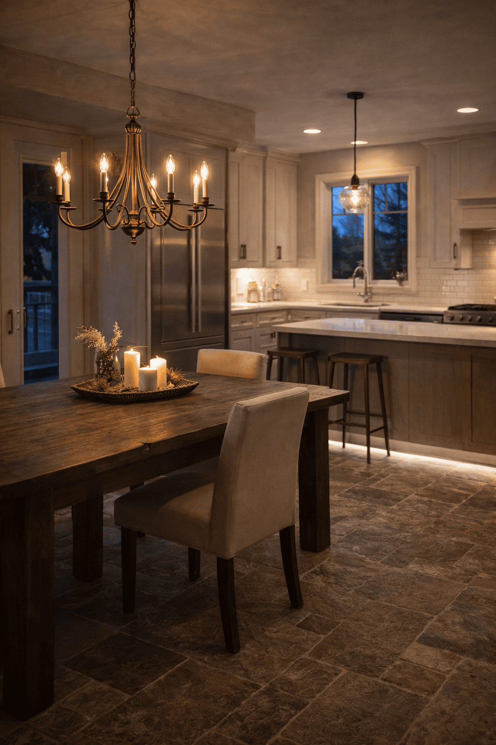 Montana dining room and kitchen remodel interior with an antique aged-copper chandelier over the table, cool LED toe-kick lighting, under-cabinet LEDs, and stone floor.