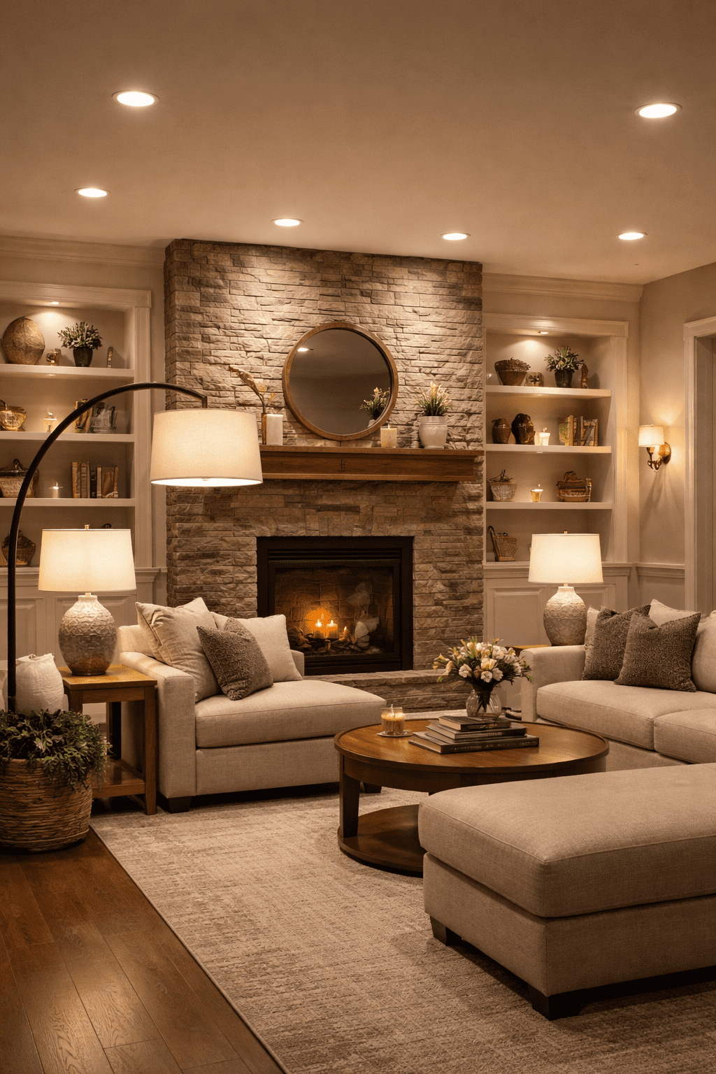 Cozy living room lighting design with recessed ceiling lights, shaded table lamps, an arc floor lamp behind the sofa, wall wash lighting on a stone fireplace, and paired wall sconces.