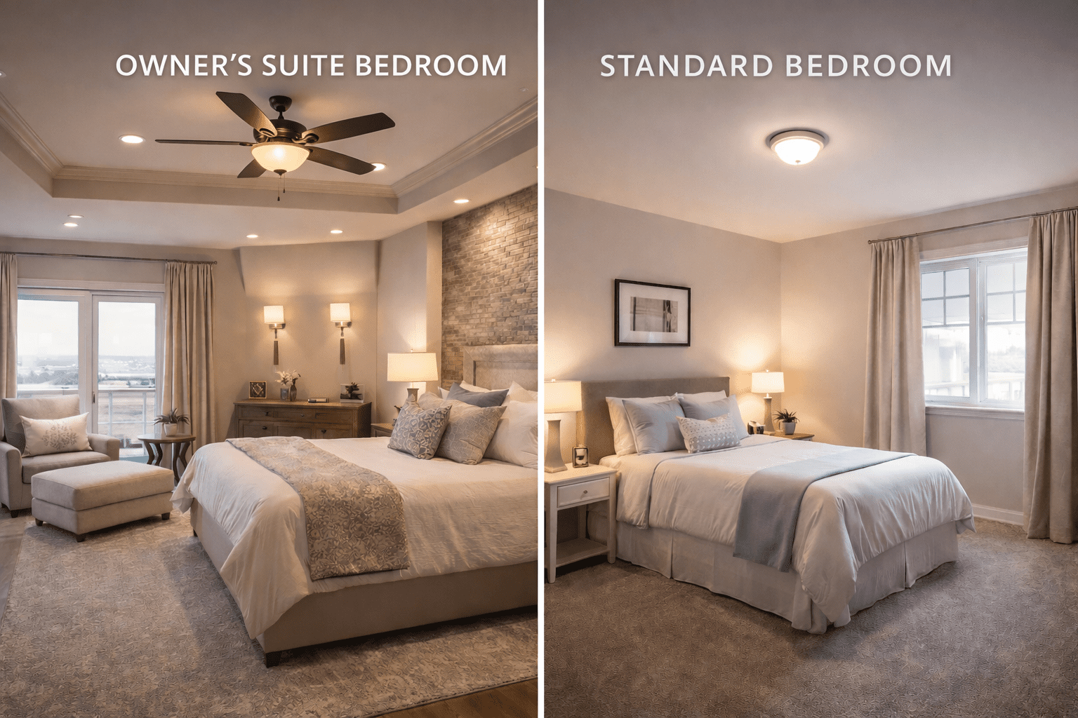 Side-by-side bedroom lighting comparison with a spacious owner’s suite featuring a centered ceiling fan light kit and layered table lamps, next to a standard bedroom with a single flush-mount ceiling light and warm shaded bedside lamps at bed height.