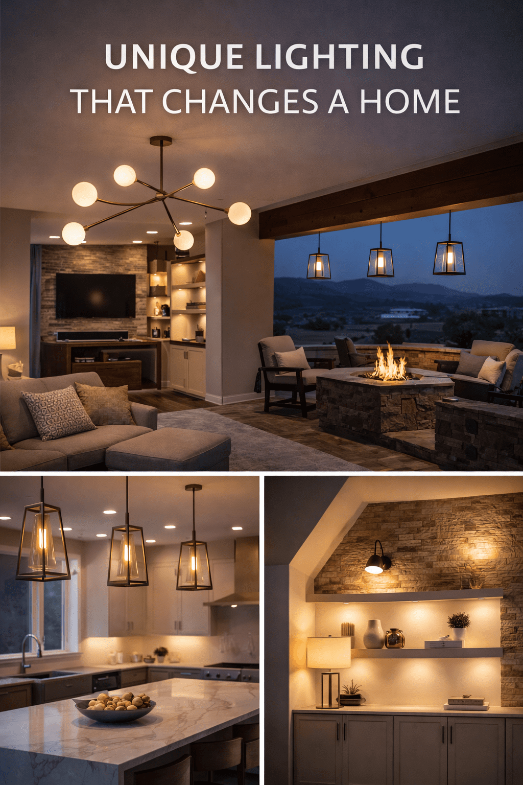 Twilight photo collage of modern Montana home interiors featuring sculptural pendant lights, warm recessed and wall wash accent lighting, and layered ambient illumination with no exposed bulbs or glare.