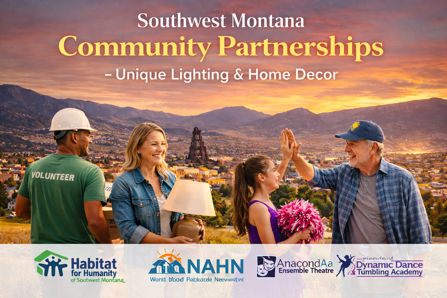 Volunteers and families at sunset over Butte, MT representing community partnerships supported by Unique Lighting & Home Decor in Southwest Montana.