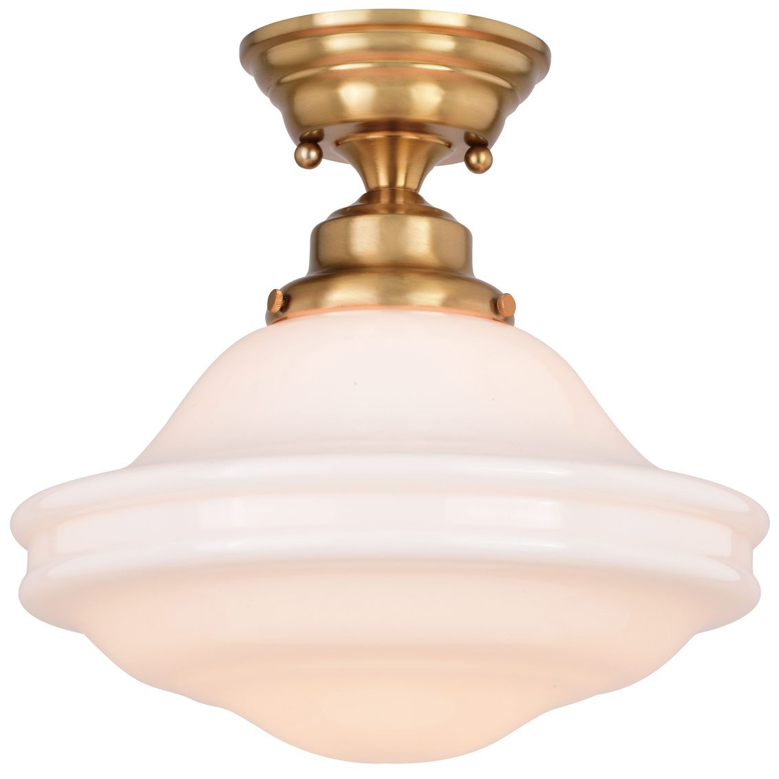 Huntley 12 inch semi-flush ceiling light in natural brass with white glass