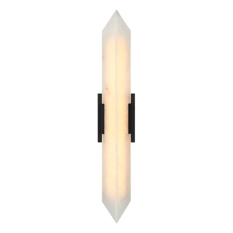 Rigio matte black LED wall sconce with alabaster glass mounted vertically in modern bathroom