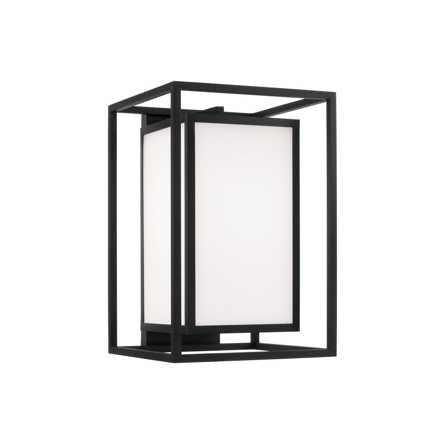 Aiden black outdoor wall lantern with soft white glass mounted beside exterior entry door