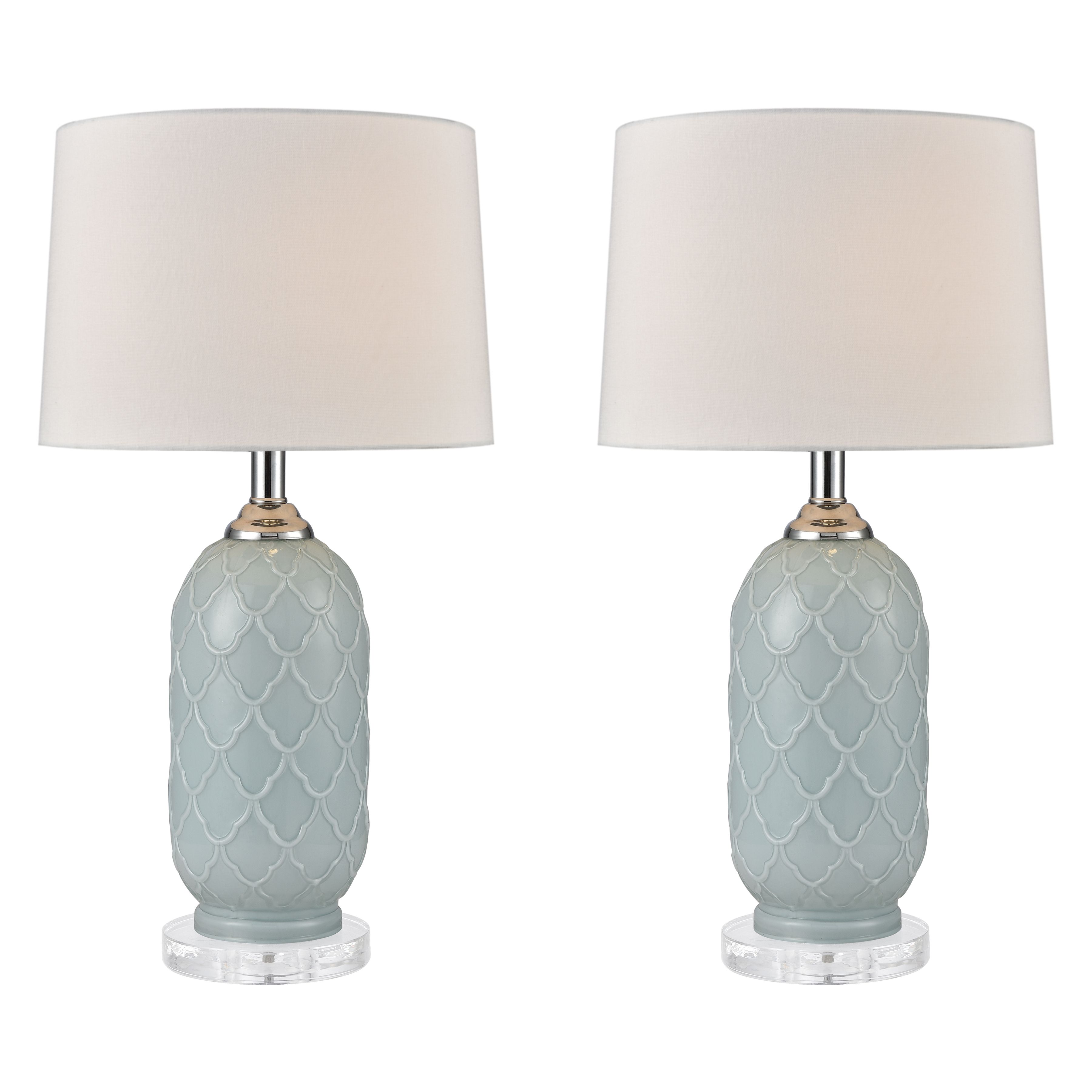 La Joliette blue glass table lamp set with white linen shades on bedside tables