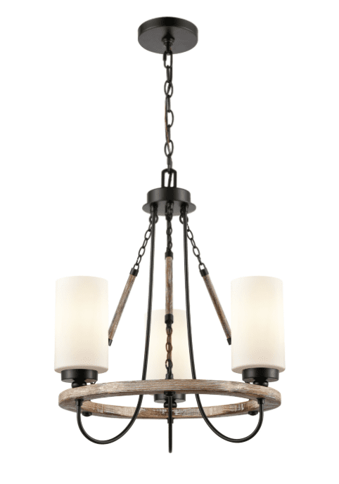 Paladin convertible mini chandelier in matte black with white glass cylinder shades installed over a dining table
