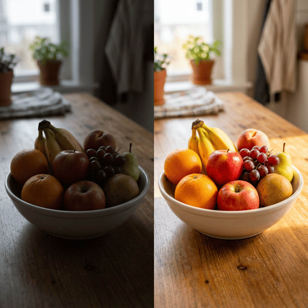 A bowl of apples, oranges, bananas, grapes, peaches, and pears on a wooden table with varied lighting
