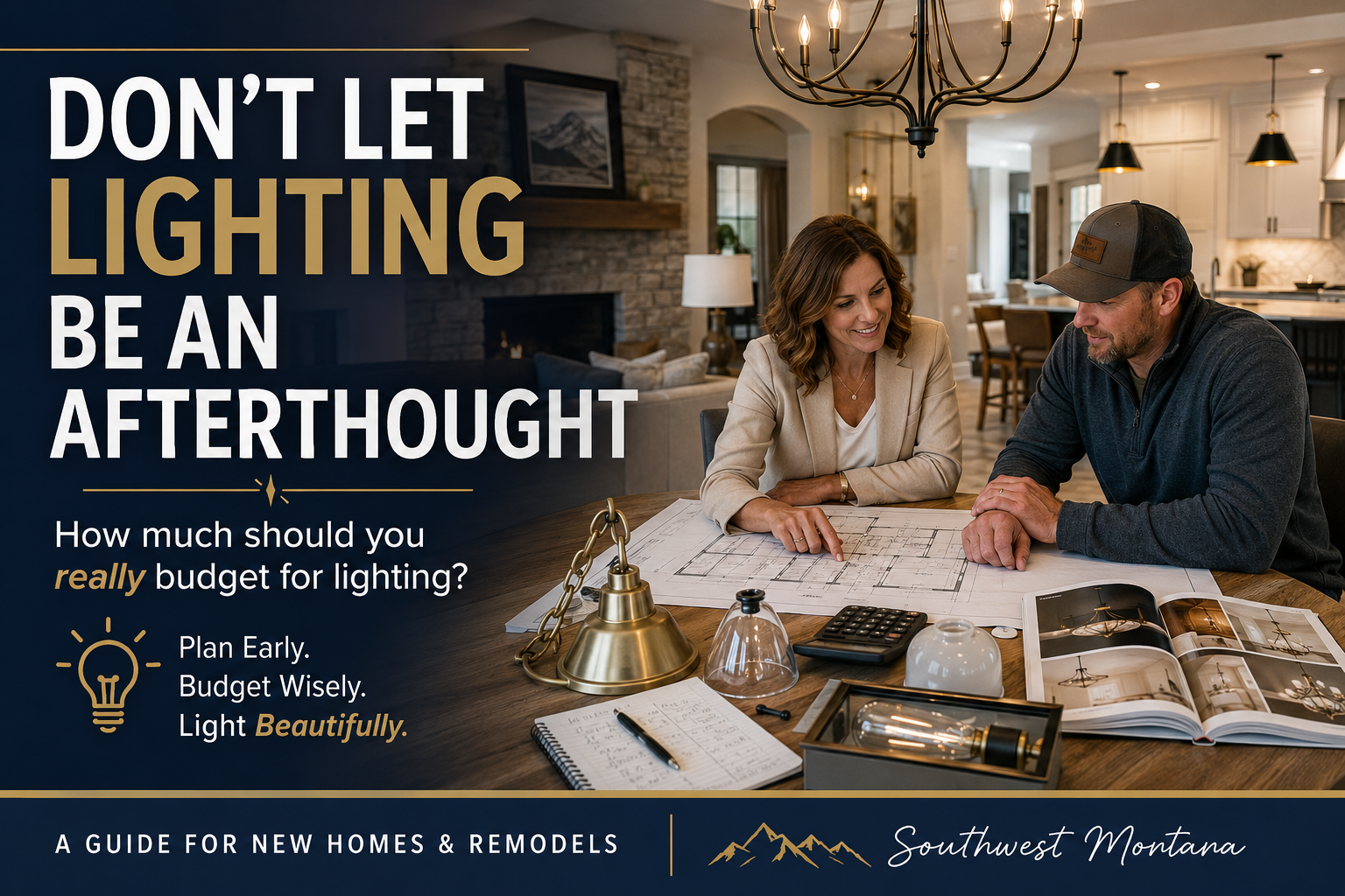 Homeowners reviewing floor plans and a lighting budget for a custom Southwest Montana home with a lighting consultant.