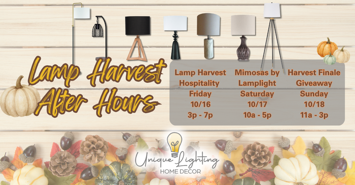 Warm table lamps and autumn decorations at Lamp Harvest After Hours, a fall lighting and shopping event in Butte, Montana.